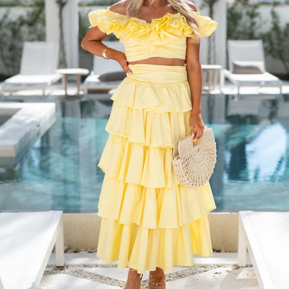 Shop these three Yellow Ruffled Off-Shoulder Maxi two piece set